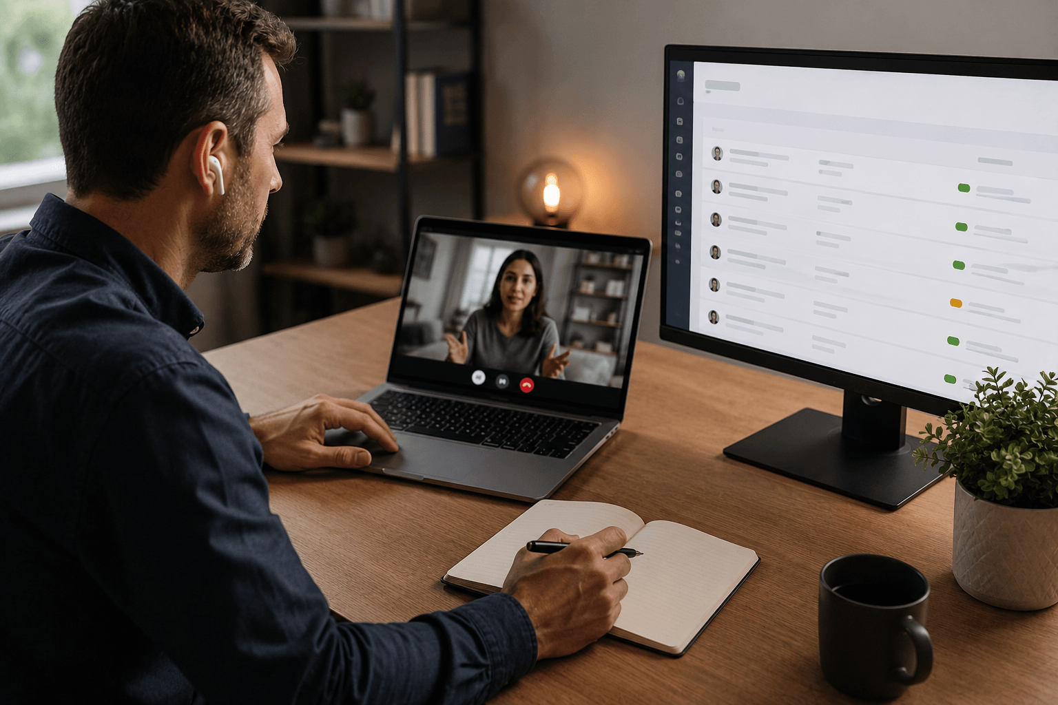 B2B sales professional evaluating prospects during a discovery call with CRM-based lead qualification and pipeline management tools.